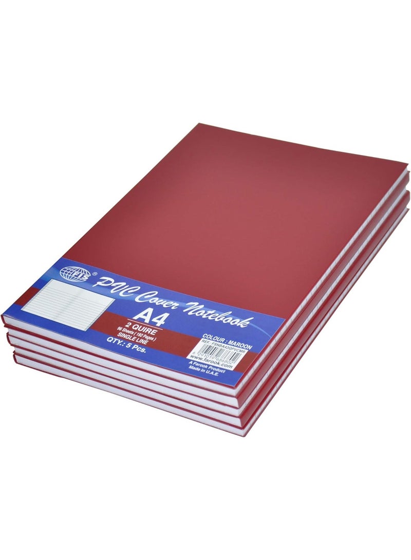 FIS PVC Cover Note Book, 96 sheets, 192 pages, A4 Size, Single Line, Maroon Colour 5-Piece - FSNBA42QPVCMR - Image 1